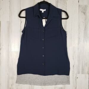 NWT Drew Navy Blue Heathered Gray Button Down High Low Top Women's Size XS